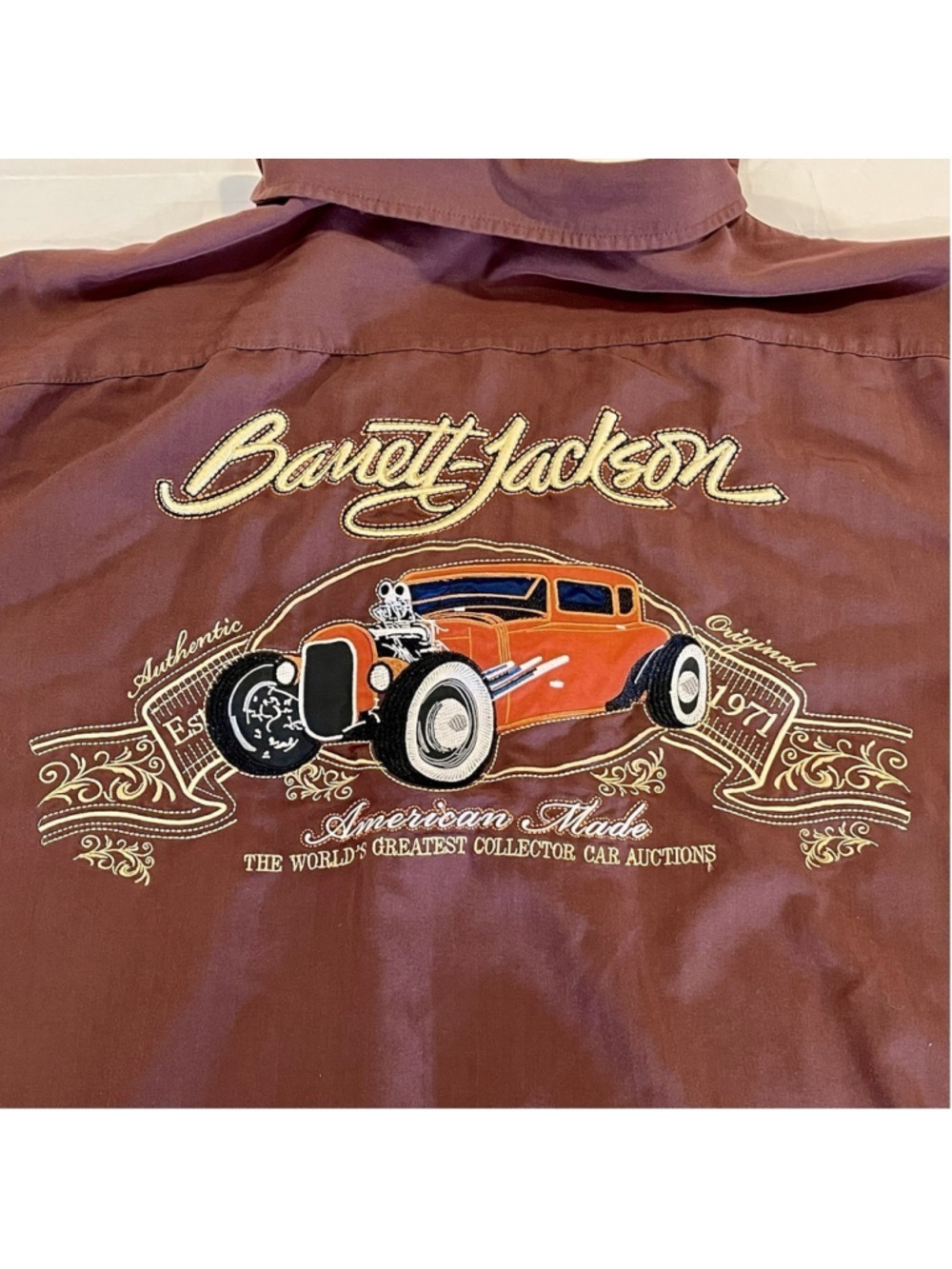 Size XL Barrett Jackson Button Up Short Sleeve Men’s Shirt Embroidered Logos CN
